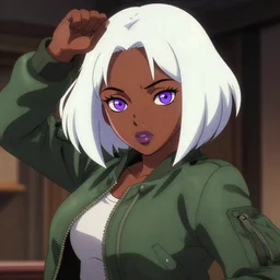 anime poster film still portrait, young black woman, black black black woman, purple colored eyes, purple colored eyes, white french bob hairstyle, green colored bomber jacket, detailed facial features, dynamic pose,, rimlight, cel shaded, 4 k