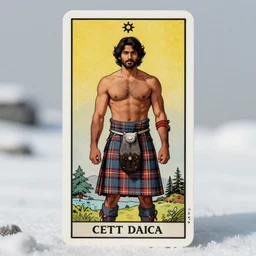 a symmetrical tarot card of a rugged shirtless desi mountaineer wearing a scottish tartan kilt on a snowy mountain peak. he has a wooden staff, cowboy hat, and boots. background is a stained glass golden sunrise. art deco, art nouveau, homoerotic. by raja ravi varma, by louis comfort tiffany, by albert bierstadt. trending on artstation.