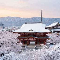 japan temple in the hills, a lot of snow, sakura in the background, sunrise, by beeple, greg rutkowsky, artgerm, simon stalenhag,