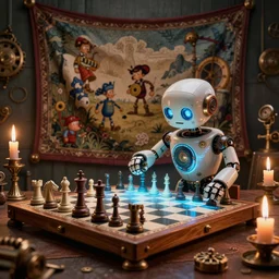 a beautiful tapestry, a small robot playing a futuristic holographic chessgame, ultra detailed, dystopian lighting, steampunk, moody, candles, characters from machinarium, by don bluth, trending on artstation, octane render, 8 k, ultra realistic