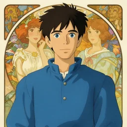 well - lit art nouveau portrait of a young man with short black hair, blue eyes, medieval formal blue long sleeved button down shirt, natural lighting, path traced, highly detailed, high quality, cartoon, digital painting, by don bluth and ross tran and studio ghibli and alphonse mucha