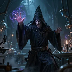 a beautiful panting of a dark wizard casting a spell, alchemist lab, hyperrealistic, cinematic atmosphere, epic, artstation, deviantart, moebius