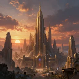 sunset over a post apocalyptic city, fantasy, intricate, elegant, dramatic lighting, highly detailed, lifelike, photorealistic, digital painting, artstation, concept art, smooth, sharp focus, illustration, art by john collier and albert aublet and krenz cushart and artem demura and alphonse mucha