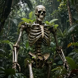 giant metal skeleton body in jungle overgrown by plants, photorealistic, dark atmosphere-n4