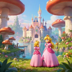 Mushroom Kingdom Harbor with princess peach's castle in the backdrop on a mystical morning. Giant mushroom forest in background, realistic, digital art. Photo realistic, hyperdetailed, HD, Octane Render Substance Designer. Hiroshi Yoshida, James Gurney, Norman Rockwell, Albert Bierstadt, Marc Simonetti, John Harris, Peter Mohrbacher, Ralph McQuarrie.