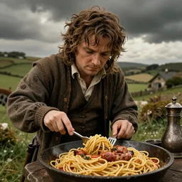 lord of the rings, hobbits, the shire, realistisc, made of spaghetti and sausages