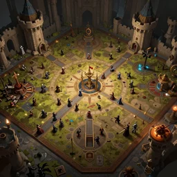 wide establishing shot of a dungeons and dragons battle map, top view of the inside of a castle, dynamic composition, dramatic lighting, trending on artstation, digital art, stylized painting, rpg, tabletop role playing game, d & d, roll 2 0
