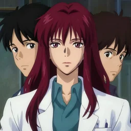 a full body portrait a scientist in a lab coat and wine red long hair, finely detailed features, closeup at the faces, perfect art, gapmoe yandere grimdark, trending on pixiv fanbox, painted by greg rutkowski makoto shinkai takashi takeuchi studio ghibli, akihiko yoshida,