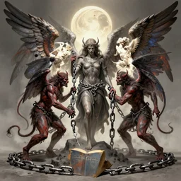 book of enoch, angels capture demons with huge chains and send them to hell, by greg rutkowski and tezuka and bierstadt, trending on artstation