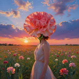 woman with a giant carnation head, flower field, surreal photography, sunset dramatic light, impressionist painting, colorful clouds, blue sky, digital painting, artstation, simon stalenhag