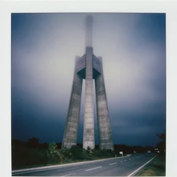 wide and tall massive concrete tower reaching into the fog, expired film, old polaroid, night, megalophobia, next to a road, sense of scale,