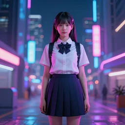 digital art, award winning render, high school girl standing in a futuristic city , neon lights create a colorful rim around her. 40mm lense, gaussian blur