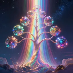 talent tree of technoligy, rrainbow in the sky, beautiful, vibrant color scheme, multicolored, visual contrast, light rays, ethereal beams, godly, awe inspiring, cosmic, astronomical, transcendent, fantasy, magical, volumetric lighting, epic composition, dramatic lighting, golden ratio, cinematic composition, 8 k, octane render, artstation