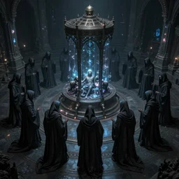 a dark cabal of hooded elven mystics in long dark robes gathered in a circular formation around a highly advanced machine containing spirits of the dead, dan seagrave art, michael whelan