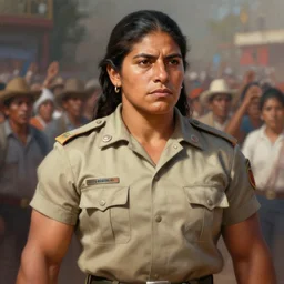epic portrait of muscular rigoberta menchu wearing short sleeved uniform explaining, guatemalan crowd for background, detailed, digital painting, artstation, concept art, donato giancola, joseph christian leyendecker, wlop, boris vallejo, breathtaking, high details, extremely detailed, beautiful, establishing shot, artistic, hyperrealistic, beautiful face, octane render