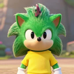 green anthropomorphic hedgehog wearing a yellow shirt by Pixar, cinematic shot