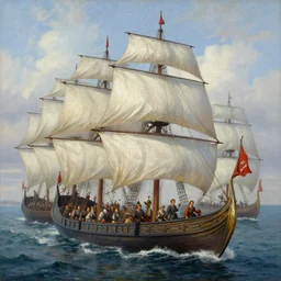 high quality painting of a fleet of viking ships by greg rutkowski and thomas kinkade, trending on artstation