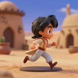 side view of young aladdin of disney movie as nendoroid running in desert village, 8 k hd dof, kodak film,