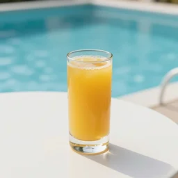 5 5 mm photo of tall juice glass on a zen minimalist round white table with gorgeous pool in the background. highly detailed 8 k. intricate. lifelike. soft light,