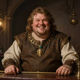 portrait of a happy fat man dressed in a medieval tunic standing behind a bar, detailed face, fantasy, highly detailed, cinematic lighting, digital art painting by greg rutkowski