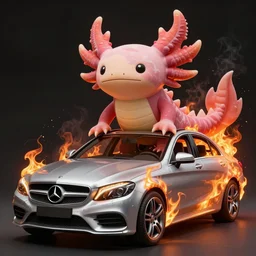 a big woman axolotl in burning wrecked mercedes 1 2 6, ultrafine hyperdetailed illustration by kim jung gi