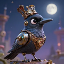 a stunning fantasy scene of an adorable mechanical steampunk crow, close - up | highly detailed | very intricate | disney | magic the gathering | steampunk | dramatic romantic epic breathtaking whimsical magical | bokeh moon stars | professional cinematic lighting | award - winning | painted by marc simonetti and anton fadeev and paul lehr and rhads and alena aenami | pastel color palette | featured on artstation