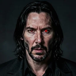 realistic detailed image of a angry Keanu Reeves  by  Katsuya Terada, gothic and dark, masterpiece, dark background, red glowing eyes