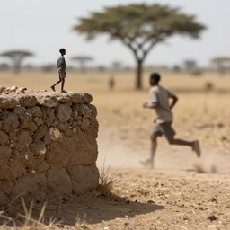award winning photo by saul leiter of a tiny wall. e running in the savannah, motion blur, dusty, tiny gaussian blur, insanely detailed, insanely intricate, depth of field, low contrast, sunny, wide aperture, action photography