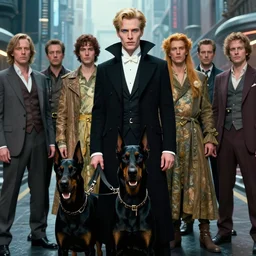 realistic detailed portrait movie shot of an elegant blond male vampire with a doberman on a leash, futuristic street background by denis villeneuve, amano, yves tanguy, alphonse mucha, max ernst, edward robert hughes, roger dean, rich moody colours, dog teeth, blue eyes