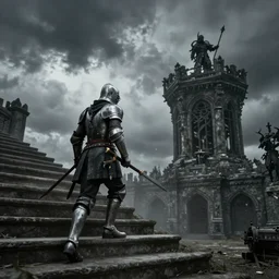 a lone knight climbing a staircase to the final enemy, cinematic, 8 k resolution, tense, dark, cloudy, intense, complex, high detail