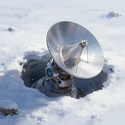 futuristic satellite communication technology partially buried in the snow, digital painting by greg rutkowski and james gurney, global illumination, trending on artstation, highly detailed