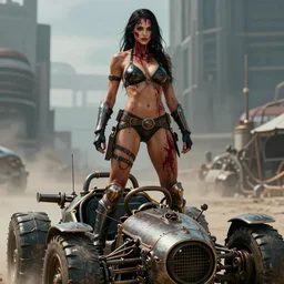 vertical movie frame with female warrior standing on steam punk buggy, hunt, armor inspired by bikini and doom and fashion, strong blooded body, brutal blooded sluty symmetrical face, epic, award winning, establishing shot, extremely high detail, photorealistic, brutal, provocative, octane render, editorial, extreme sports photography
