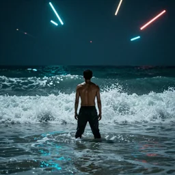 the last man is standing hip deep in wild ocean waves with wild flashing neon lights in the sky