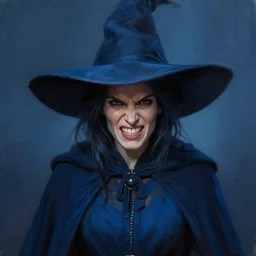 oil matte portrait, witch with dark hair in blue robes and hat furious expression grin. digital painting, fantasy, concept art, cinematic colors, realistic shaded. by ilya kuvshinov, magali villeneuve, artgerm, greg rutkowski