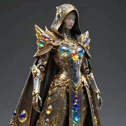cybernetic crystal assassin, award winning concept art, realistic, smooth matte, intricate linework, beautiful spectrum of colorful gems on dark intricate armor cloak, cyborg, clear focus, glowing, baroque, hooded, ornate!!! golden, specular, futuristic, very detailed, moody, magical, wlop, chebokha, rutkowski, artgerm, shinkai