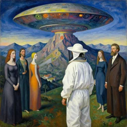 man in white beekeeper suit looking at the psychedelics dream mothership over the sacred mountains. painting by mikalojus konstantinas ciurlionis, monet, bosch, wayne barlowe, agnes pelton, rene magritte