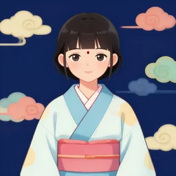 a frontal drawing of a beautiful young girl with a third eye wearing a kimono centered with a dark blue background and colorful clouds with stars by takashi murakami, beeple and james jean, aya takano color style, trippy, 8 k, super detailed, night sky, digital art, digital painting, clean
