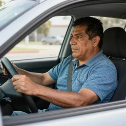 a middle aged Latino driving Uber in casual clothes