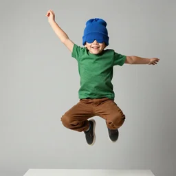 a kid grinning wearing a blue sock hat over his eyes, green shirt and brown jumping high in the air painting, high details