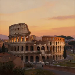 painting of skyline of rome colloseum at sunset, natural light, concept art, by greg rutkowski, cozy atmospheric and cinematic lighting