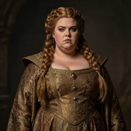 Portrait | chubby female dwarven noblewoman | long brocade dress | elaborated braided hair | style by wayne reynolds, jeff easley dramatic light | high detail | cinematic lighting | artstation | Regal and Proud robust woman| bold serious expression | dungeons and dragons |