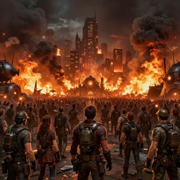 lots of people gathered like the borg, massive fires in the distance, a burning city in the distance, smoke clouds, steampunk, 4 k, ultra realistic, hdr, wide shot, metzae, uplight, digital art, highly saturated colors, concept art, detailed illustration, hd, dark atmosphere digital art, greg rutkowski, dan mumford, studio ghibli trending on artstation