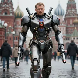boris yeltsin in mecha cyber suit with guns, his face in focus, futuristic, walking on moscow streets, cinematography by trent opaloch, deep depth field, masterpiece, featured on vimeo, featured on pixiv, cinematic composition, hyper - detailed, hd, hdr, 4 k, 8 k