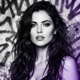 highly detailed closeup portrait of beautiful carly chaikin as darlene alderson, wavy black hair, by atey ghailan, by greg rutkowski, by greg tocchini, by james gilleard, by joe fenton, by kaethe butcher, gradient purple, black and white color scheme, grunge aesthetic!!! ( ( graffiti tag wall background ) )