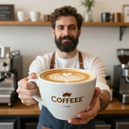 a moustached barista holding the world's largest cup of coffee