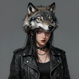 portrait of a punk girl wearing a leather jacket with a wolf's head on her head, artwork by boneface, digital painting, artstation