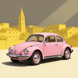 scene pink volkswagen beetle, yellow city, art by ismail inceoglu, artstation