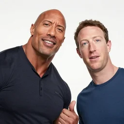selfie taken by Dwayne Johnson with Mark Zuckerberg, wide angle