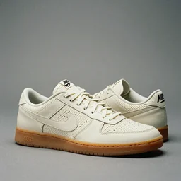 a studio photoshoot of Nike low top tennis sneakers designed by Tom Sachs, cream leather with knitted mesh material, gum rubber outsole, realistic, color film photography by Tlyer Mitchell, 35 mm, graflex