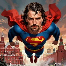 epic comic book cover of stalin as superman floating over the red square ( moscow ), soviet propaganda, socialist realism, aesthetically pleasing, finely detailed facial features, hyperrealist, intricate digital art, trending artstation, artgem, rich moody colors, fan art, concept art, in the style of the red son and invincible